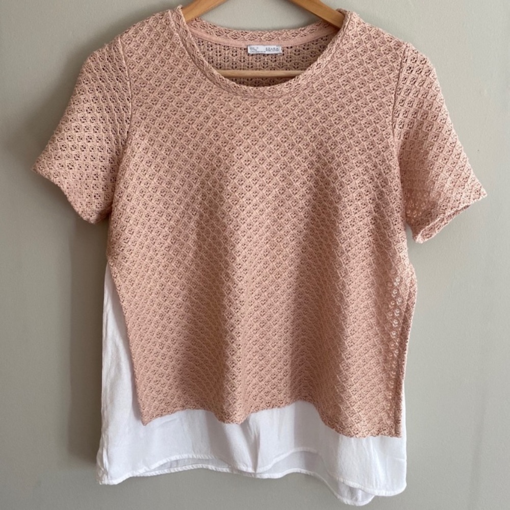 ZARA Pink & White Layered Short Sleeve Knit Top